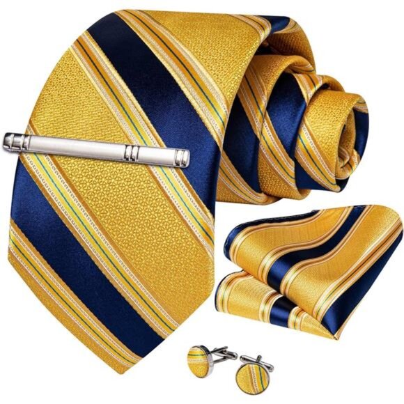 Men's Stripe Tie Silk Woven Necktie Pocket Square Cufflink Set Formal Business - Picture 2 of 7